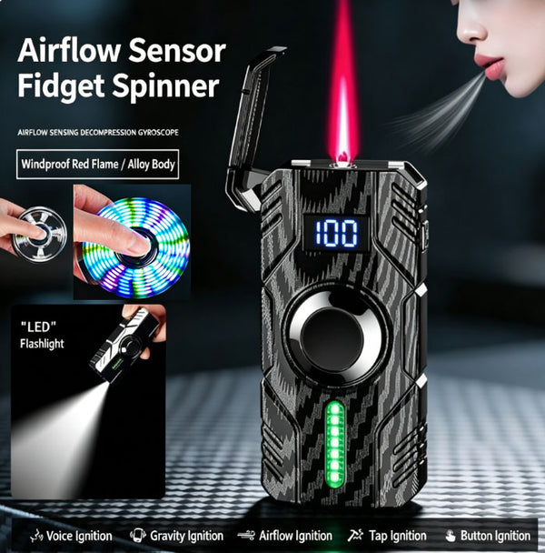 Carbon Fiber Smart Voice-Activated Ignition Gyroscopic Lighter and Flashlight | 5 Ignition modes + Colorful Lighting Effects + Wind-Resistant Red Flames