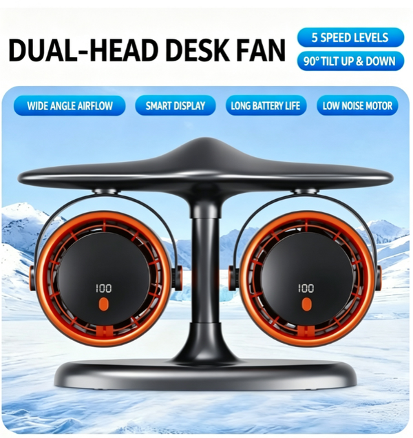 Cooling Dual-Head Desktop Fan | 5-Speed Adjustment with LED Digital Display, Portable Fan for Outdoor Camping and Car Use, Wide-Angle Airflow