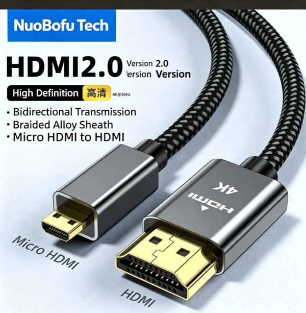 Micro HDMI to HDMI 4K@60Hz HD Screen Mirroring Cable | Connects Cameras, Laptops, and Tablets to TVs, Projectors, and Monitors | Bidirectional Data Transfer, Alloy-Braided Construction, Gold-Plated Connectors