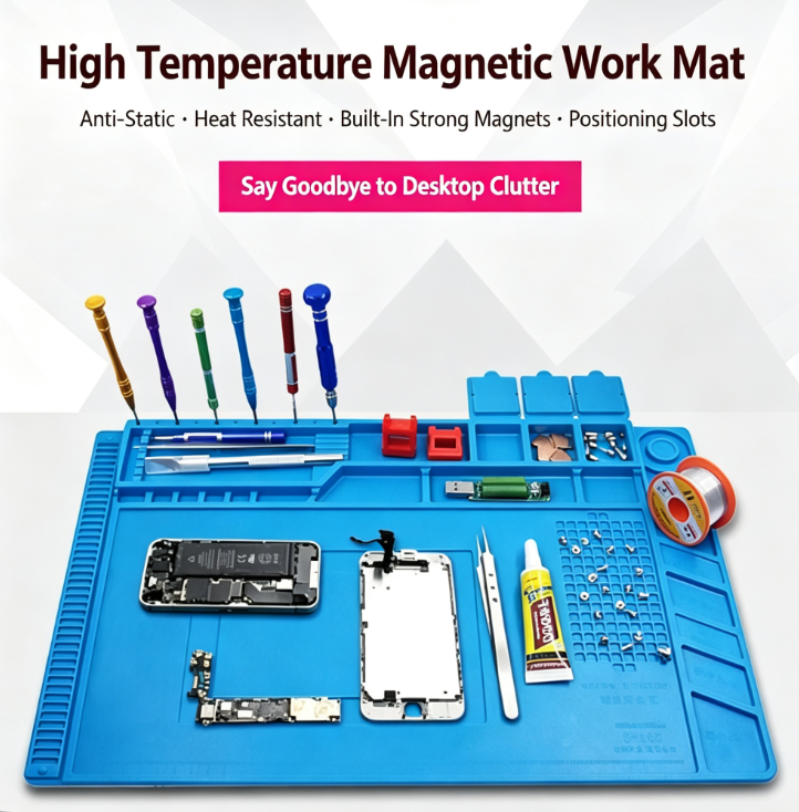 High-Temperature-Resistant Magnetic Grooved Workbench – Silicone Heat-Resistant Soldering Mat for Cell Phone and Computer Repairs 30X20cm/45X30cm
