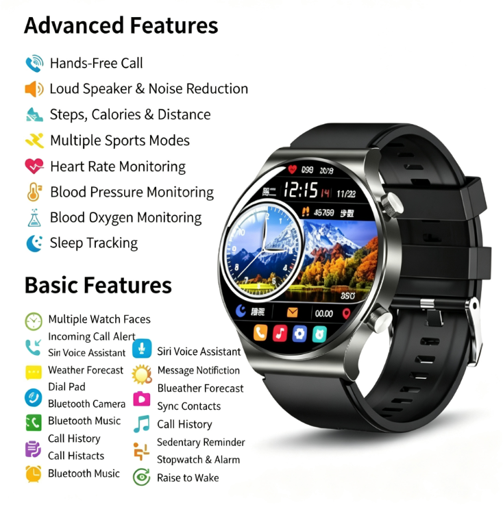 24/7 Health Monitoring Smartwatch | Borderless High-Definition Large Screen | Bluetooth Calling | Music Playback | 550mAh High-Capacity Battery | Siri Smart Voice Assistant