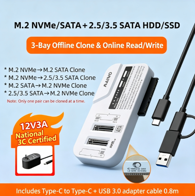3-Bay NVMe/SATA Drive Cloner, Bidirectional Offline Cloning + 10 Gbps High-Speed Read/Write; Supports M.2 NVMe/SATA, as well as 2.5-inch and 3.5-inch mechanical and solid-state drives; Cross-system Plug-and-Play
