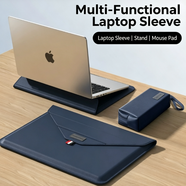 3-in-1 Laptop Leather Sleeve, Stand, and Mouse Pad | Instantly Transforms into a Laptop Stand | Non-Magnetic Design | Compatible with 13–16-inch Laptops