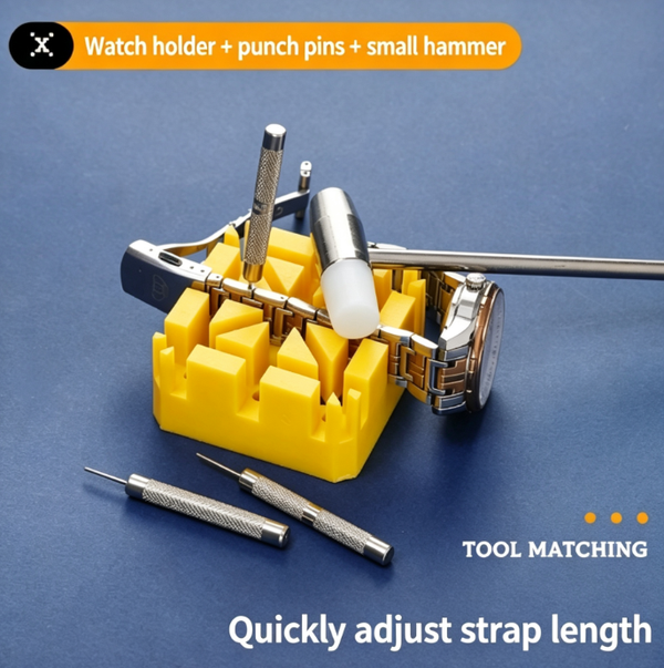 Professional Watch Repair Tool Set | Watch Strap Remover, Steel Strap Adjuster, Watch Cutter, Watch Disassembler | Includes Cross-Shaped Holder, Punches, Buckle Removal Tool, and Small Hammer | Quickly Adjust Strap Length