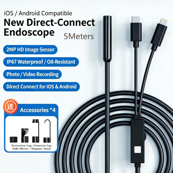 2-in-1 5 Meters 8mm HD iPhone/iPad Android (Type-c) Endoscope Camera Waterproof Lens Pipeline Inspection Borescope