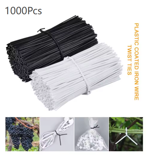 1000Pcs PVC Coated Galvanized Iron Wire Twist Ties – Garden Plant Ties, Cable Management & Multipurpose Bundling Wire (0.55mm x 100mm) Black/White