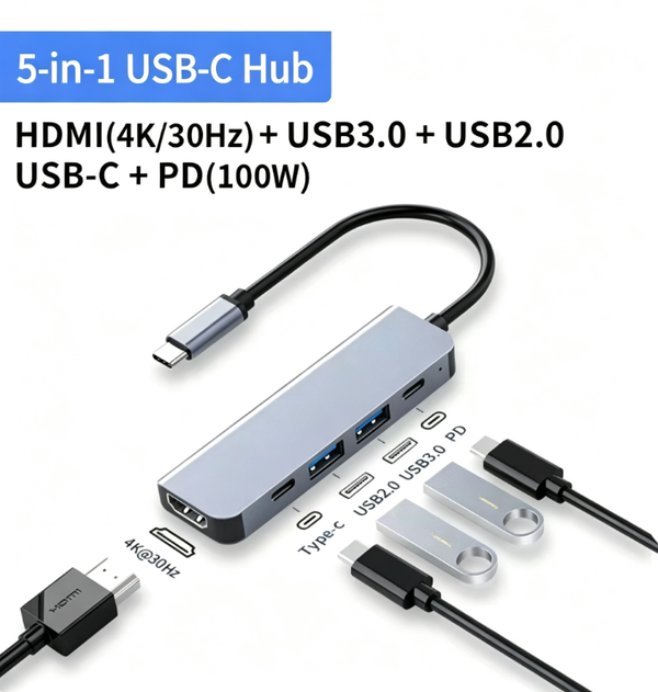 5-in-1 Type-C Dock | HDMI 4K HD Screen Mirroring + 2 USB 3.0 High-Speed Ports + 2 Type-C PD 100W Fast Charging Ports