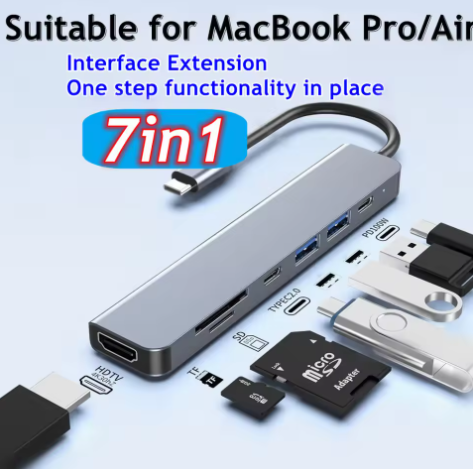7-in-1 USB-C Hub — 4K HDMI+2 USB+2 Type C+SD/TF card Reader 4K HDMI output, PD 100W pass-through charging, USB 3.0 (5Gbps) data transfer, SD/TF card reader, and more
