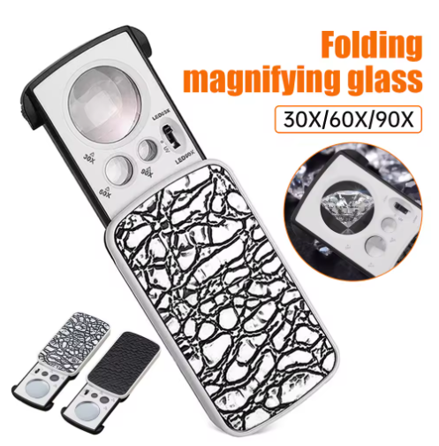 30X 60X 90X Pocket Jewelry Magnifier with UV LED Light Slide Out Magnifying Glass Optical Lens Loupe for Diamonds Coins Stamps