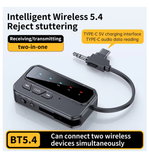 Bluetooth 5.4 Audio Transceiver 2-in-1 | Dual Receiver/Dual Transmitter | All-in-One Adapter for Cars, Homes, and Airplanes
