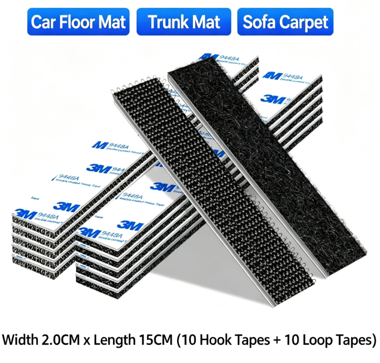 10 Pairs 20mm x 150mm Automotive Floor Mat Adhesive-Backed Velcro | High- and Low-Temperature Resistant Anti-Slip Pads for Home Cushions, Sofas, and Sheets