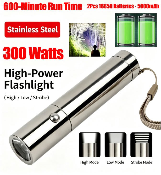 Stainless Steel 300Watts XPG LED Flashlight with 2Pcs 18650 Batteries · 5000mAh 600-Minute Run Time · 3-Mode Long-Range Beam
