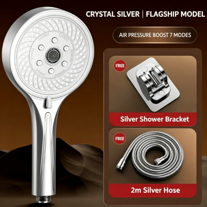 Home Handheld Showerhead Set with 1.5M Flexible Hose + Mounting Bracket | 7-Setting AIR Pressure-Boosting Showerhead | 130mm Large Panel Waterfall Spray