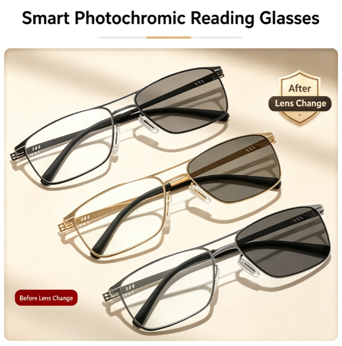 Men’s Metal-Frame Photochromic Reading Glasses | Blue Light Protection & High-Definition Smart Photochromic Lenses | One Pair for Both Indoor and Outdoor Use