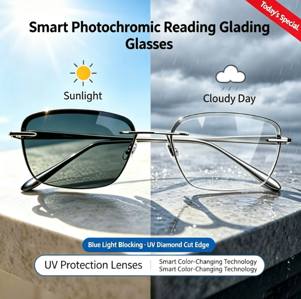 Diamond-cut, Rimless, Blue-light-blocking Photochromic Reading Glasses | Smart light-sensitive technology – one pair for both indoors and outdoors