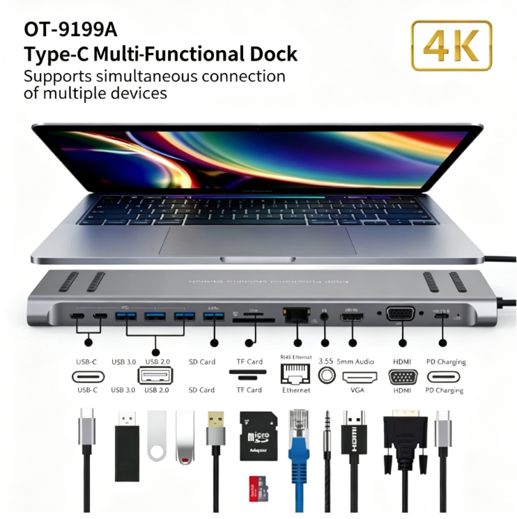 14-in-1 Docking Station, Type-C Multi-Function Docking Station, 4K Ultra HD HDMI to VGA Adapter, Gigabit Ethernet Port, USB 3.0 High-Speed Hub, SD Card Reader—Compatible with Apple, Samsung, and Lenovo Laptops