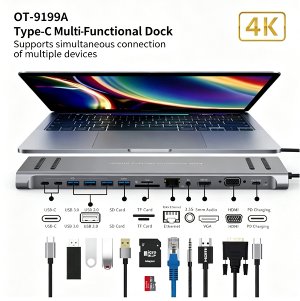14-in-1 Docking Station, Type-C Multi-Function Docking Station, 4K Ultra HD HDMI to VGA Adapter, Gigabit Ethernet Port, USB 3.0 High-Speed Hub, SD Card Reader—Compatible with Apple, Samsung, and Lenovo Laptops