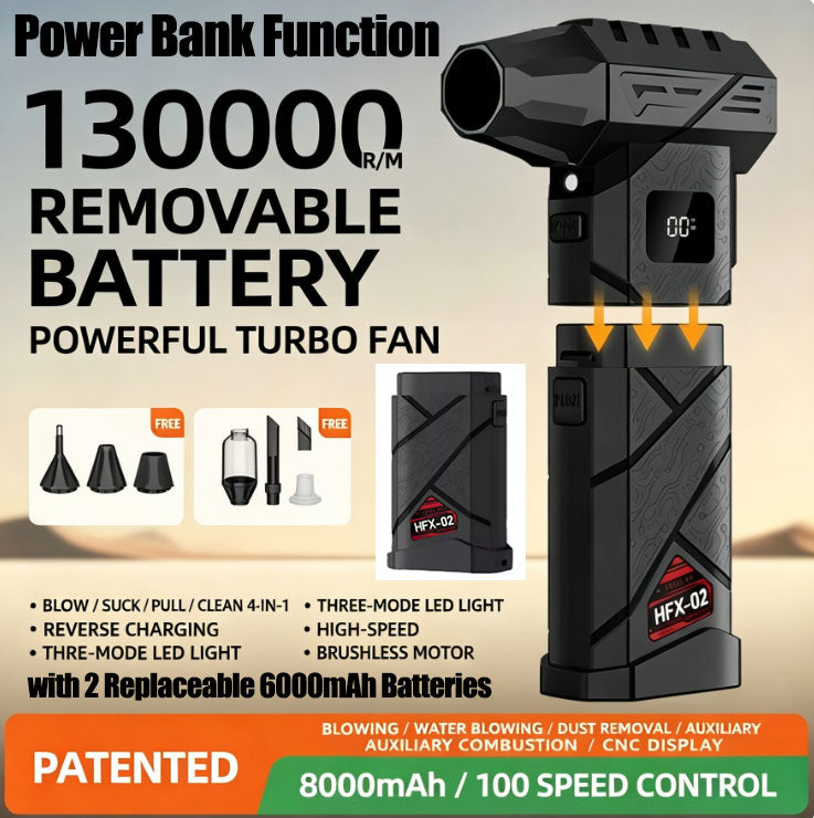 4-in-1 Blow/Vacuum/Extract/Charge High-Power Fan Blower/Vacuum Set with 2 Replaceable 6000mAh Batteries | 130,000 RPM Turbine · Replaceable Batteries ·Power Bank Function