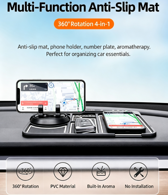 4-in-1 Rotating Car Non-Slip Pad & Phone Holder with Hidden License Plate & Built-in Air Freshener | Dashboard Organizer for Safe Driving