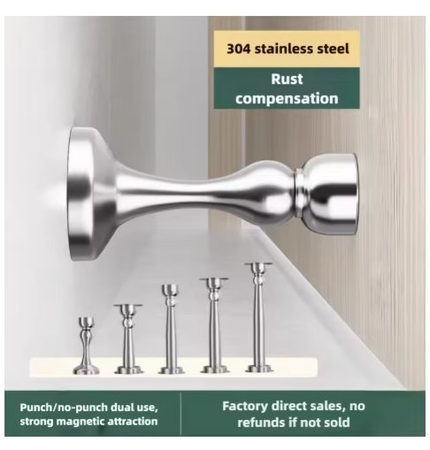 304 Stainless Steel No-Drill Strong Magnetic Door Stop | For Home Bathrooms and Bedrooms | Anti-Collision Door Top | Extra-Tall and Extra-Long Design to Prevent Tripping | Dual-Use (Drill/No-Drill) High-Strength Magnetic Door Stop