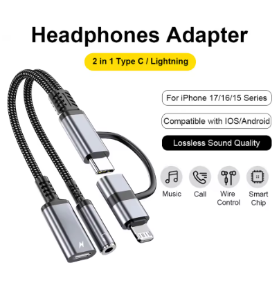 2-in-1 USB-C Lightning to 3.5mm Audio Adapter AUX Cable Car Music
