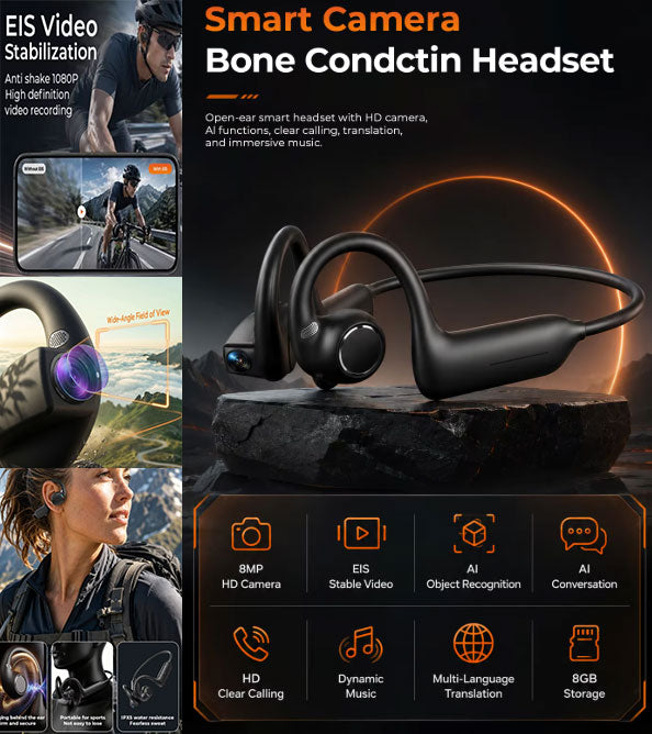 World's First Smart Sports Camera Headphones 8MP HD Recording Smart AI Translation Ear Hanging Air Conduction Earphones Bluetooth Outdoor Cycling Record