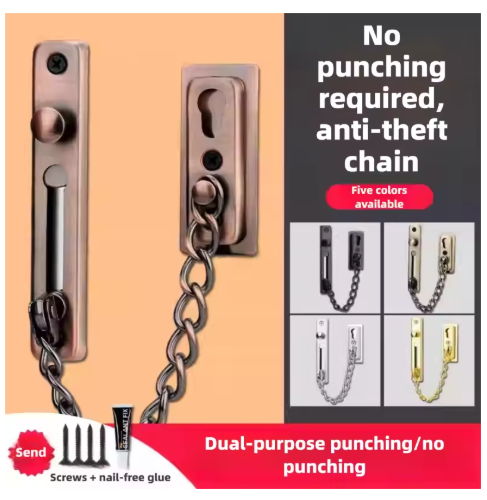 Drill-Free 304 Stainless Steel Security Chain | Push-Button Door Bolt Lock | Security Chain for Hotel and Home Doors | Drill-and-Drill-Free Dual-Use