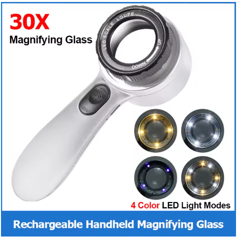 30X Adjustable Rechargeable Magnifying Glass with LED Lights Illuminated Magnifier for Repairs, Reading, and Inspecting Jewelry and Watches