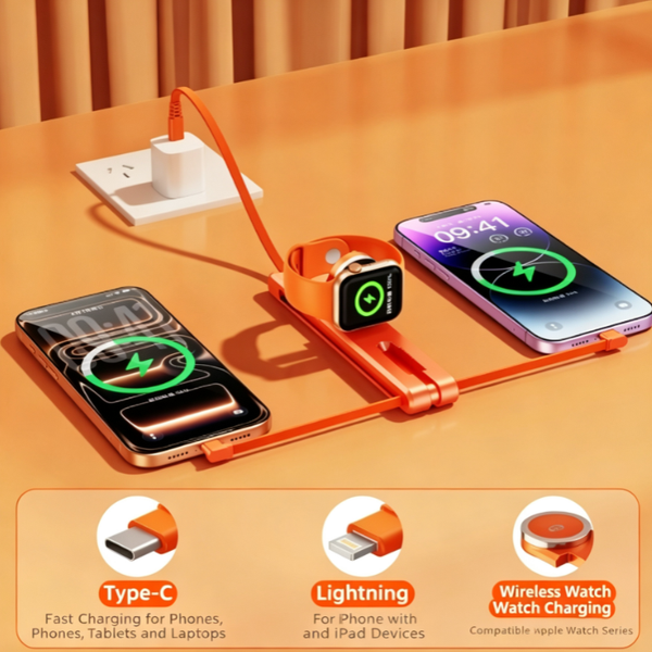 PD60W 3-in-1 Fast Charging Cable | Type-C 3-in-1 Multi-Port Charging Cable | Compatible with iPhone/Android + Apple Watch Wireless Charging | Simultaneous Charging for Laptops, Tablets, and Phones