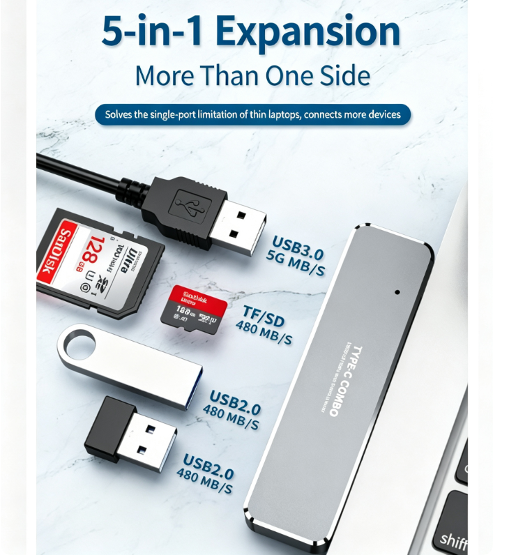 Type-C 5-in-1 Docking Station: 3 x USB 3.0 High-Speed Data Transfer | TF/SD Dual Card Slots with Plug-and-Read Support | OTG Expansion for Laptops, Phones, and Tablets
