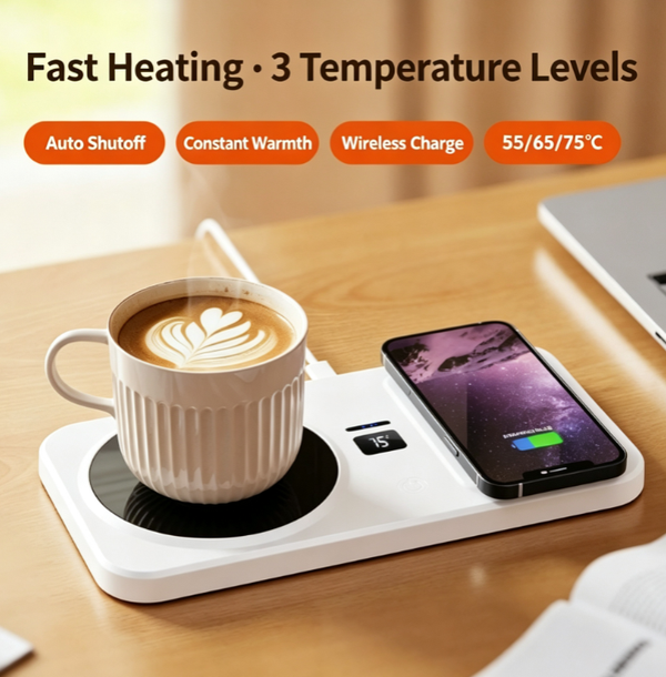 2-in-1 Smart Cup Warmer & Wireless Charger – 3 Temperature Settings 55/65/75°C, NTC Temperature Control, Microcrystalline Glass Panel, Auto Shut-Off, Silent Heating, Compatible with All Flat-Bottom Cups (US/EU/UK Plug)