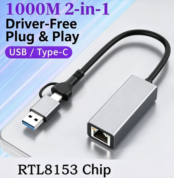 2-in-1 Type C/USB 3.0 1G Ethernet Adapter Type-C to RJ45 1000Mbps Rtl8156B Network Card Cat7/8 LAN Converter for NAS Laptop Desktop