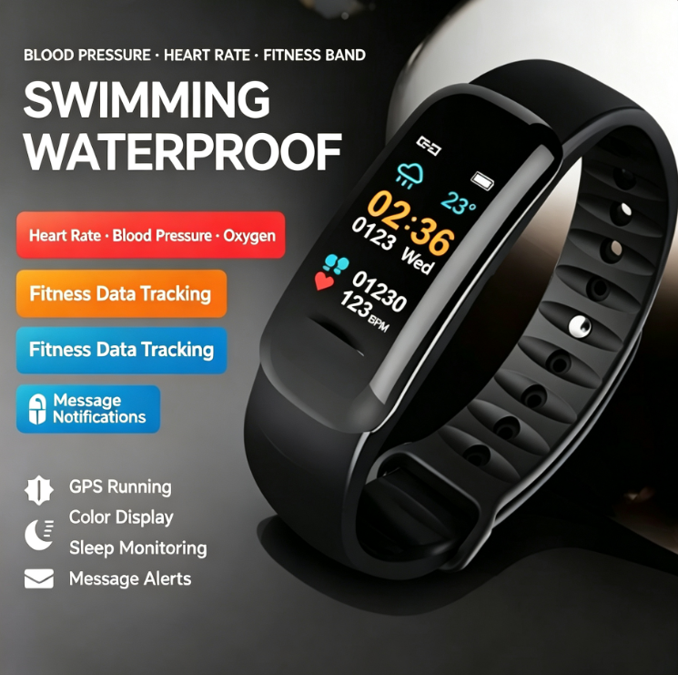 24-Hour Health Monitoring Smart Wristband with Heart Rate Monitoring, IP67 Water Resistance, Color Screen, Bluetooth, and Pedometer
