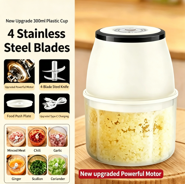 Cordless Electric Garlic Crusher and Meat Grinder with 4/6-Blade Set and 350ml Large Capacity | Baby Food Maker | Type-C Fast Charging
