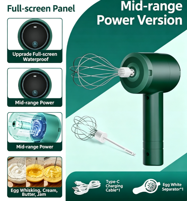 Wireless Smart Full-Screen 3-Speed Egg Beater Home Baking Whipper for Whipping Cream, Egg Whites, Whole Eggs, Butter, and Jam—Lightweight and Portable with Type-C Charging