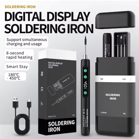 Portable USB Digital Display Soldering Iron Set with 3 Soldering Tips, 8-second Rapid Heat-up, 180–450℃, Rechargeable Soldering Iron