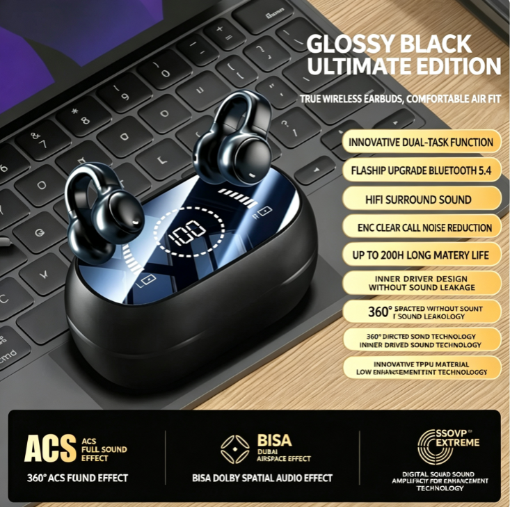 Wireless Ear-Clip Bone Conduction Headphones | Directional Sound Transmission with No Sound Leakage | 200-Hour Ultra-Long Battery Life | Smart Mirrored Digital Display