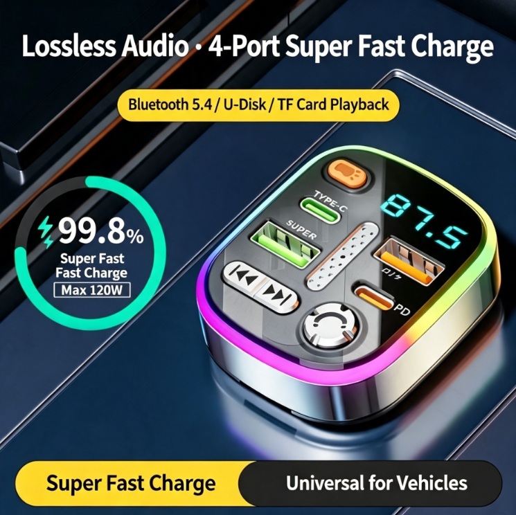120W 4-Port Super Fast Charging Car 12-24V Bluetooth MP3 Charger · USB Flash Drive/TF Card Playback · Bluetooth 5.4 Lossless Audio · 3D Surround Sound