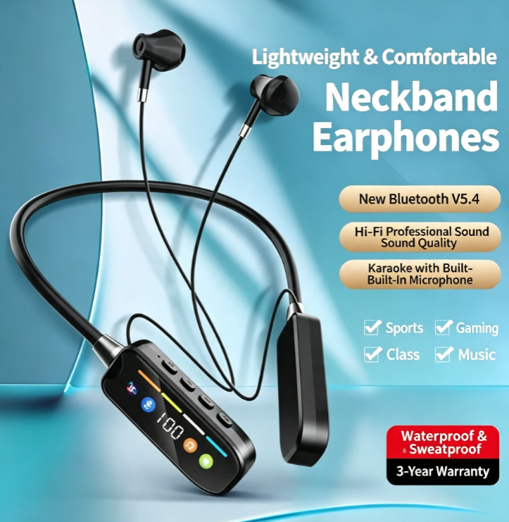 Digital Display Neckband Bluetooth Headphones Bluetooth 5.4, Low Latency, Hi-Fi Sound Quality, Ultra-Long Battery Life, Ideal for Gaming, Karaoke, and Exercise