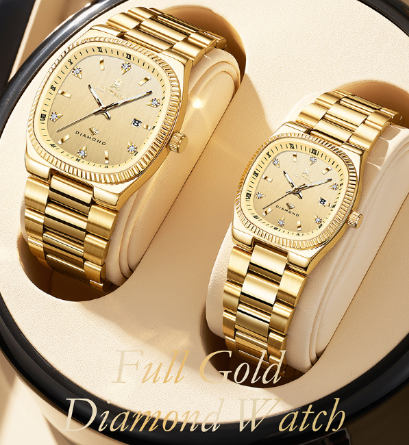 French Luxury Barrel-Shaped Couple’s All-Gold Diamond Watches