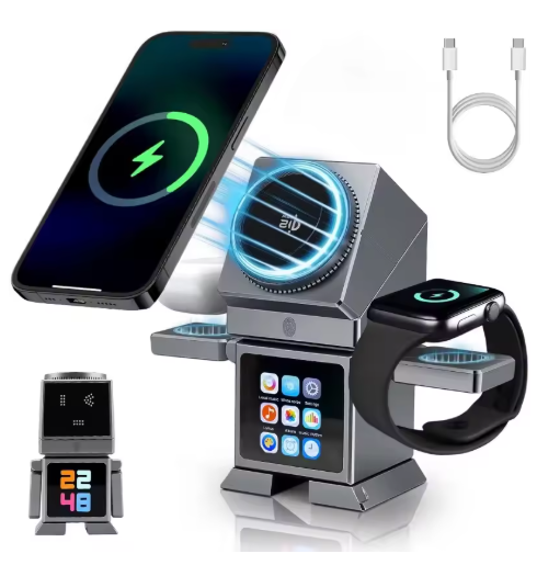Future Robot 9-in-1 Wireless Charger: 25W Magnetic Fast Charging + TFT Touchscreen + Bluetooth Speaker + Clock & Alarm + Digital Photo Album; Charges Three Devices Simultaneously (Phone, Watch, Headphones); Compatible with Apple and Android