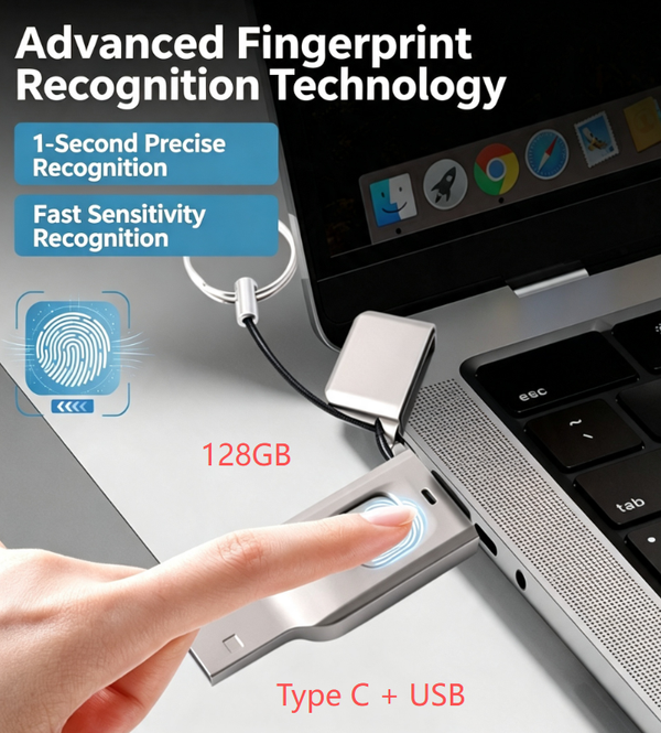 128GB Fingerprint-Encrypted USB Flash Drive | Type-C/USB Dual Ports | Compatible with Both Phones and Computers | AES-256 Hardware Encryption