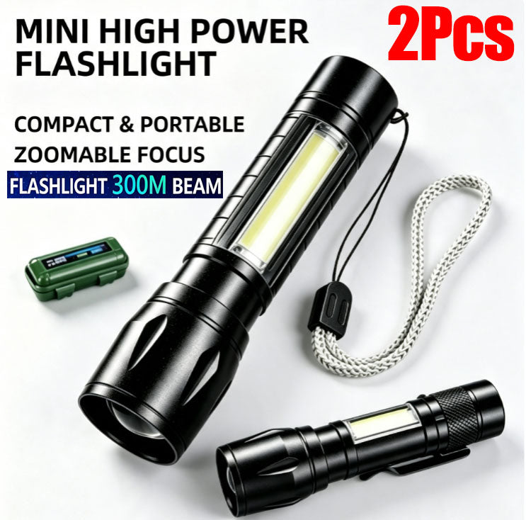 2Pcs Mini LED Flashlight USB Rechargeable Zoomable COB Side Light, Super Bright Pocket Torch for Camping Emergency Home Use