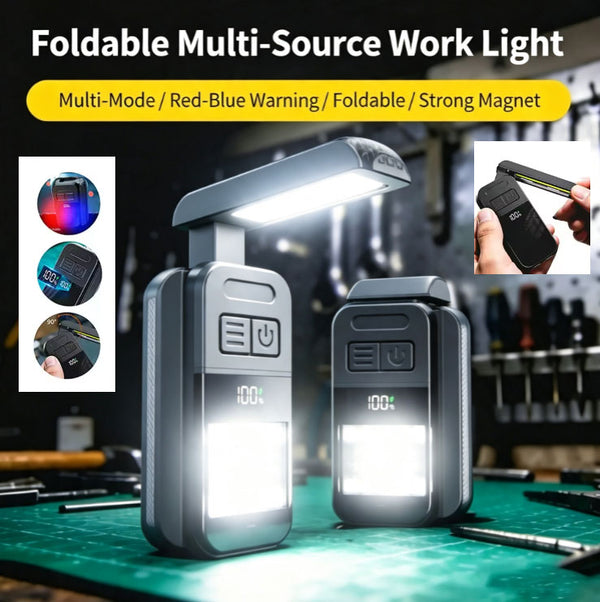 Multifunctional folding work light with dual lighting modes, red blue warning, 90° rotation, strong magnetic base & Type-C charging. High CRI LED for auto repair, maintenance, camping & emergency