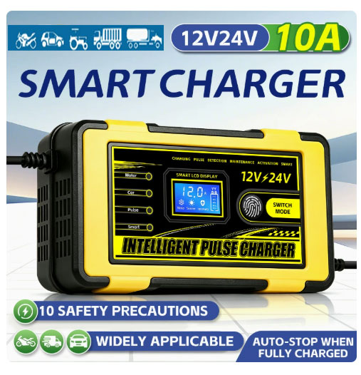 12V/24V 10A Smart Pulse Restoration Charger | Universal for Car and Motorcycle Batteries | LCD Display, Six-Layer Safety Protection, Automatic Shut-Off When Fully Charged