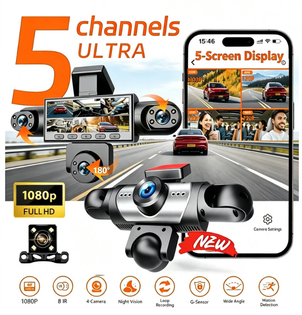 New 5-Lens 360° Panoramic Dash Cam with 1080p HD Night Vision, Simultaneous Recording on Five Channels, 24-Hour Parking Monitoring, and Integrated Backup Camera