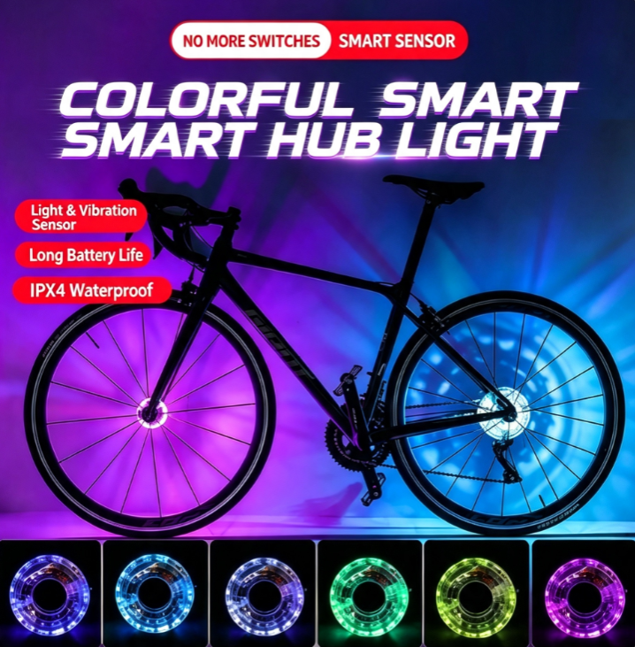Bicycle Wheel Hub Light Smart Sensor USB Rechargeable 7 Colors 18 Modes IP65 Waterproof Night Riding Safety Warning LED Tire Lamp for Kids Adults Balance Bike