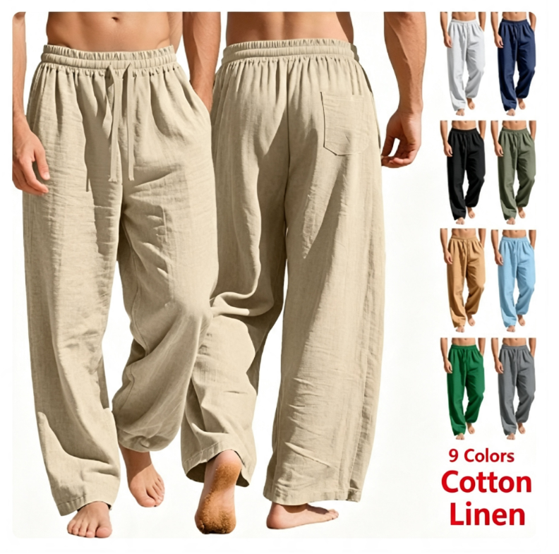 Men's Linen Casual Pants | Drawstring Elastic Waist Solid Color Straight-Leg Trousers | Lightweight Breathable Summer Lounge Pants