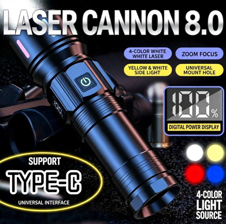 500W 4-in-1 Red/White/Blue/Yellow Laser Light Source Fishing Flashlight  | with Side Light, Rechargeable Searchlight for Camping, Fishing, and Outdoor Emergencies
