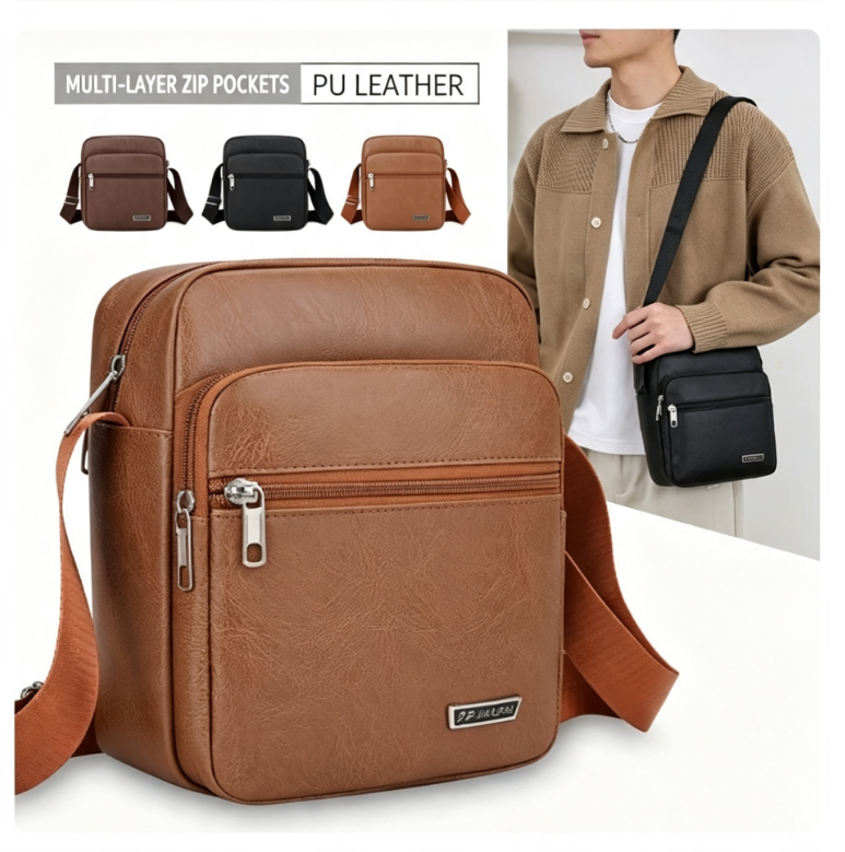Lightweight, Large-Capacity Leather Men's Bag | Business-Casual Crossbody Bag | Single-Shoulder Bag with Multiple Pockets—Spacious Enough to Hold an iPad mini, Folding Umbrella, and Water Bottle